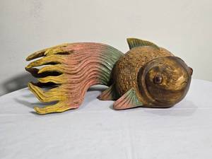 lot 137 image: Monumental Hand Carved Polychrome Wood Fish Sculpture