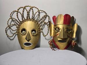 lot 140H image: Pair Vintage Mid Century Modern Brutalist Style Metal Wall Masks