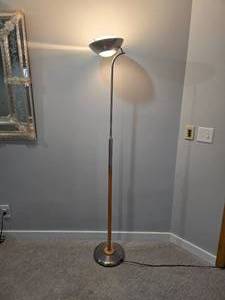 lot 183 image: Modern Brushed Steel and Wood Torchiere Floor Lamp