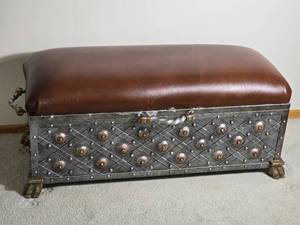 lot 94A image: Decorative Metal and Leather Upholstered Storage Bench Trunk