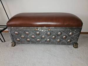 lot 105 image: Moroccan Style Metal Storage Bench with Leather Cushion