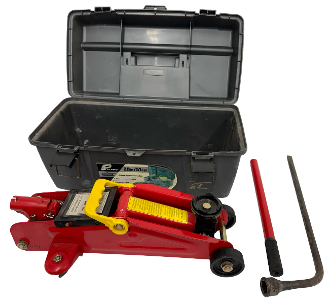 lot 53 image: Floor Jack and Plastic Toolbox