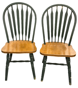 lot 63 image: Pair of Green Painted & Oak Kitchen Chairs