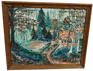 lot 9 image: MCM Landscape Painting - Cozy Cottage with Deep Green Evergreen Trees