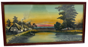 lot 38 image: Vintage Framed Landscape Painting Featuring a Rustic Country Cottage