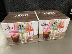 lot 13 image: Select Farm Glass Tumblers 16 oz - Set of 8 with Color Lids & Straws (Lot of 8)