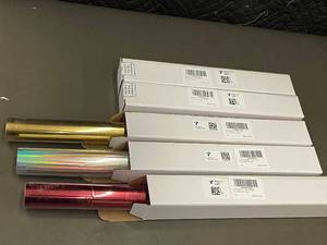 lot 18 image: Javiga HTV Vinyl for Fabric - Red, Gold & Holographic Rainbow (4 Boxes & 3 Rolls)