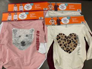 lot 106 image: Members Mark Girls Favorite Tee Set of 2 - Assorted Long-Sleeve Tees (Bear Sequin Pink Leopard Heart White Peace & Love Burgundy) Lot of 4