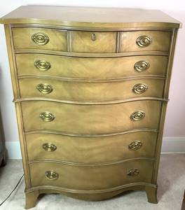 lot 56 image: Drexel Mid Century Curved Front 5 Drawer Tallboy Dresser