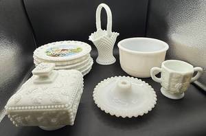 lot 24 image: Vintage Milk Glass Collection includes 6 Hand Painted Pierced Plates and More