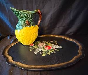 lot 88 image: Vintage Olfaire Majolica-Style Ceramic Pitcher and Hand Painted Wooden Toleware Tray