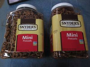 lot 63 image: 2 1 pound jars of Snyders mini pre...