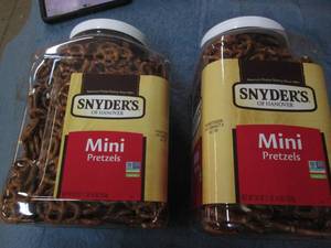 lot 65 image: 2 1 pound jars of Snyders mini pre...