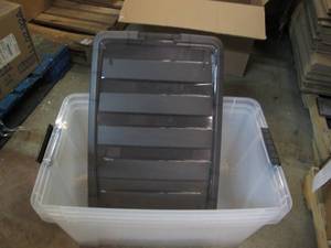 lot 114 image: 3 Covered plastic totes with latche...