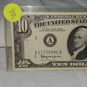 lot 38 image: 1963 A $10 Federal Reserve Note UNC