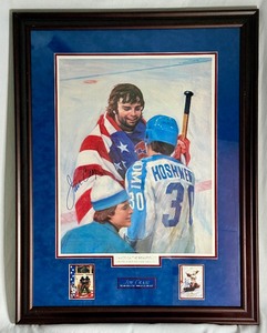 lot 2 image: Jim Craig 3x Autographed w Beckett LOA 27x35.5 Framed and Matted America the Beautiful Miracle on Ice 1980 Team USA Hockey - Includes 2 Signed Limited Edition Cards