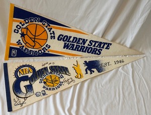 lot 94A image: (2) Golden State Warriors Basketball Pennants - One Signed by Lattrell Spreewell and Other Players