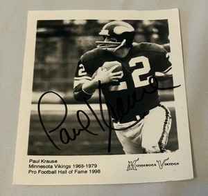 lot 96A image: Paul Krause Signed Minnesota Vikings Football Team Issued Photo