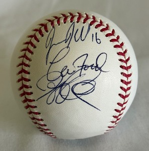 lot 31A image: Jason Kubel and Lew Ford (plus one unknown) Signed Baseball Rawlings OMLB Selig Ball