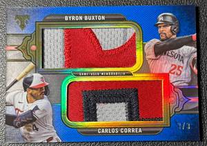 lot 6B image: Byron BuxtonCarlos Correa 2024 Topps Triple Threads Dual Game-Used (NASTY Patches) Blue 33 Minnesota Twins Baseball Card No. DRJ-CB