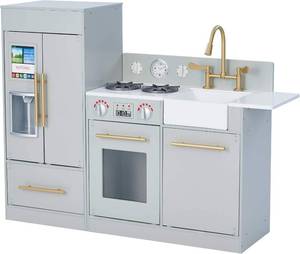 lot 95 image: Teamson Kids Little Chef Charlotte Modern Modular Interactive Wooden Play Kitchen with Refrigerator, Stove and Sink in Gray with Gold Accents