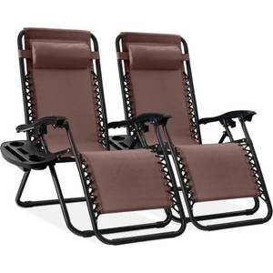 lot 52 image: Set of 2 Adjustable Zero Gravity Patio Chair Recliners w Cup Holders