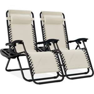 lot 53 image: Set of 2 Adjustable Zero Gravity Patio Chair Recliners w Cup Holders