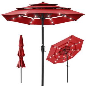 lot 59 image: 3-Tier Solar Patio Umbrella w LED Lights, Tilt Adjustment, Crank - 10ft