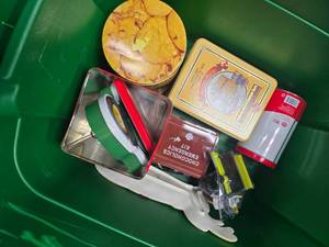 lot 135 image: Assorted Storage Containers, Christmas Plate Ryobi Tool (Bin Not Included)