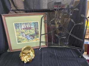 lot 139 image: Assorted Home Decor, Cabin Picture, Decorative Pot Etc.