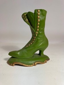 lot 38 image: Atlantic Mold Green Glazed Gold Ceramic Victorian Boot Vase Planter