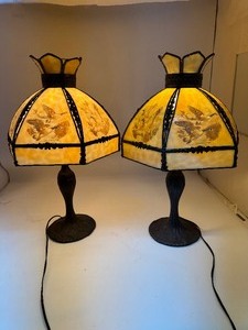 lot 19 image: Lot of (2) Slag Glass Shade Table Lamps