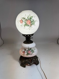 lot 21 image: Antique Milk Glass Hurricane Style Lamp