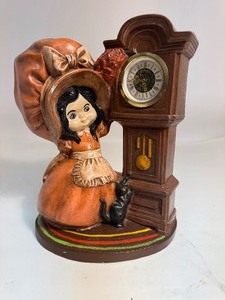 lot 28 image: Large Vintage Holly Hobbie Style Figurine Clock Girl with Bonnet Cat and Grandfather Clock Made In Germany