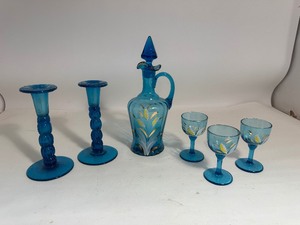 lot 79 image: Lot of Blue Hand Blow Glass Decanter, Cups, & Candle Holders
