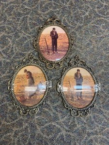 lot 92 image: Oval Convex Dome Glass Pictures Ornate Brass Frame FarmerWife Praying