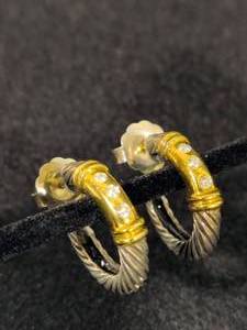 14K & 925 David Yurman Diamond Metro Cable Hoop Earrings