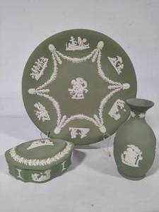 Wedgewood Sage Jasperware Trinket Box, Bud Vase & Plate