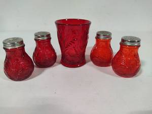 lot 83 image: Mosser Glass Inverted Thistle Ruby Red Salt & Pepper Shakers & Tumbler
