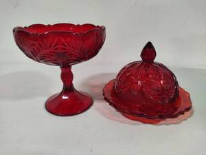 lot 84 image: Mosser Glass Inverted Thistle Ruby Red Compote & Covered Dish