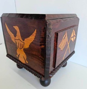 lot 66 image: Vintage Wooden Foot Stool - American Theme Wood Inlays