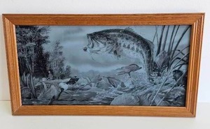 lot 78 image: Terry Doughty Largemouth Bass First Strike Glass Print Framed Picture