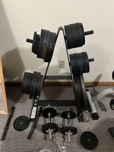lot 6 image: Nice Home Gym wBench, Weights, Bars &amp Weight Rack