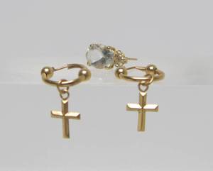 lot 26 image: Set of 14K Gold Cross Earrings &amp Single 14K Gold Earring&nbsp