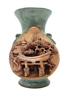 lot 220 image: Vintage Japanese Relief Carved Landscape Scene Vase&nbsp