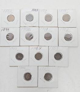 lot 215 image: Lot of 13 Different US Indian Head Pennies #1 from 1882-1907
