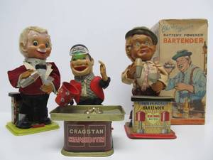 lot 148 image: 3 Vintage Battery-Op Toys - Casino Sharpshooter &amp 2 Bartenders - One wOriginal Box