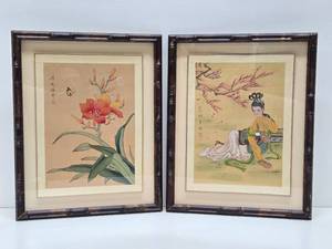 lot 273 image: 2 Excellent Vintage Original Oriental Paintings on Silk