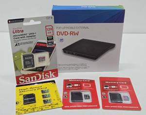 lot 318 image: Group of Brand New Memory Cards &amp External Hard Drive