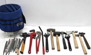 lot 322 image: Estate Lot wTool Bucket Full of Good Wrenches Hammers Hatchet Files &amp More